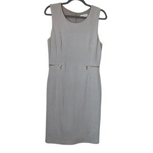 Calvin Klein Midi Sheath Dress SZ 10 Sleeveless Beige Polka Dot Career Wear